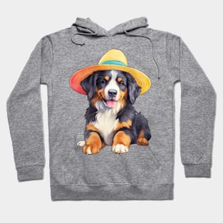 Watercolor Bernese Mountain Dog in Straw Hat Hoodie